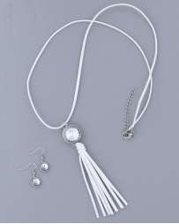 Cindy Smith® Ladies' White Leather Necklace Set With CZ Tassel