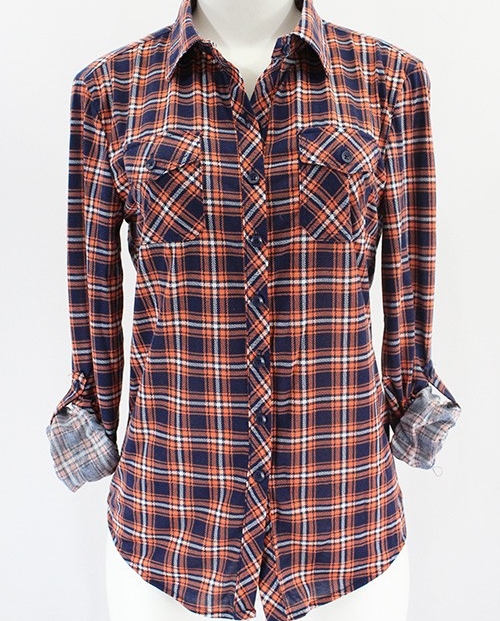 Ladies' Navy And Orange Plaid Shirt 