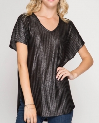 She + Sky® Ladies' Short Sleeve Metallic Top