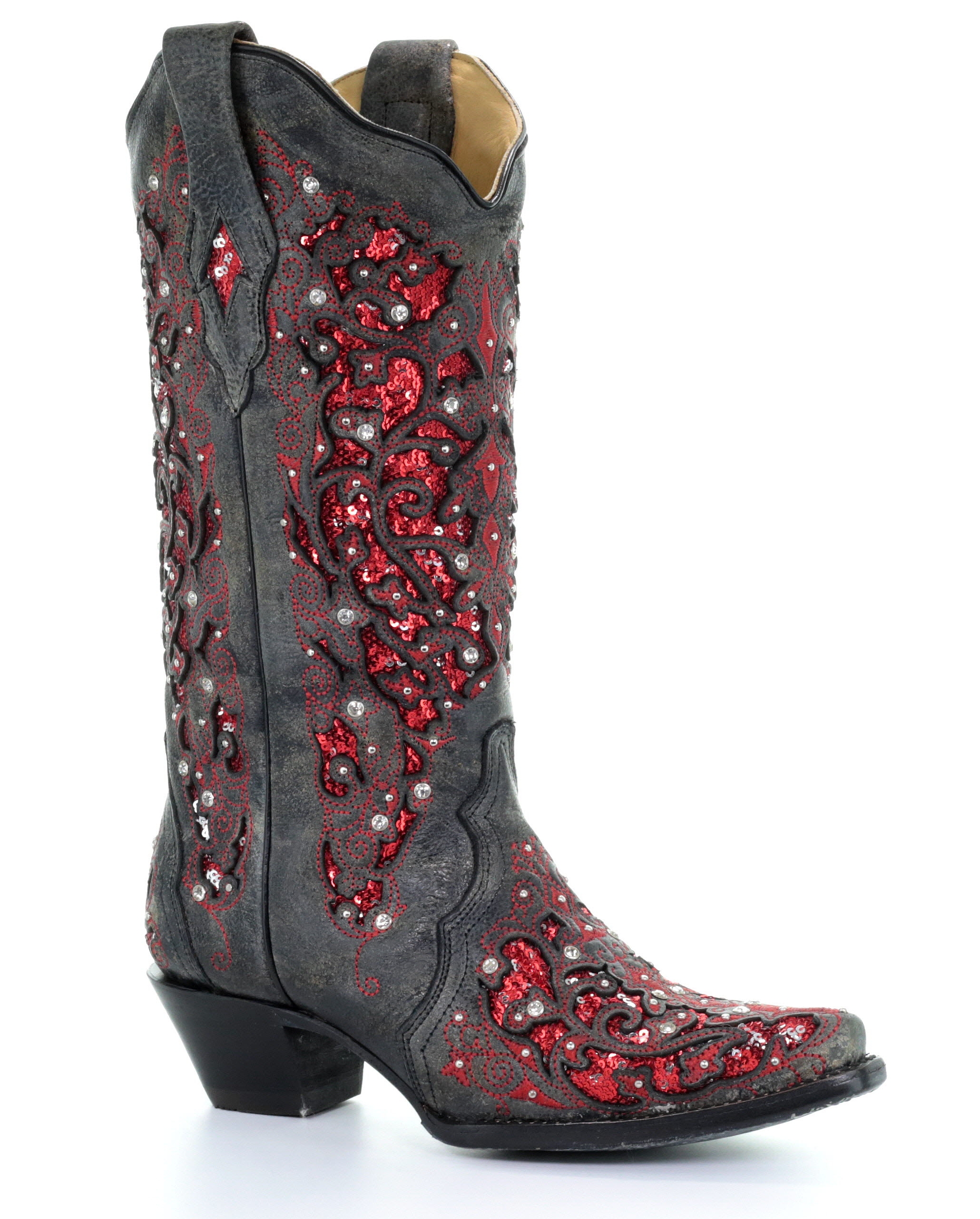 Ladies' Black N Red Glitter Inlay Boot 