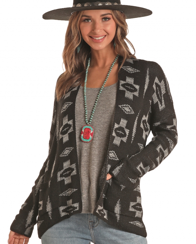 Rock and Roll Cowgirl Ladies Black Aztec Cardigan Fort Brands