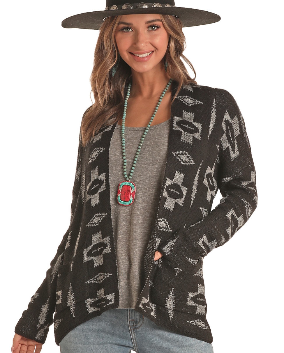 Rock and Roll Cowgirl Ladies Black Aztec Cardigan Fort Brands