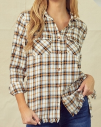 Doe & Rae® Ladies' BUTTON DOWN FLANNEL SHIRT WITH FLAP POCKET AND FRINGE HEM
