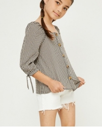 Girls' Gingham Tie Sleeve Buttoned Blouse