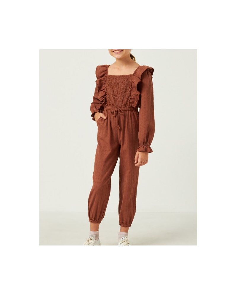 Girls Textured Smocked Bodice Ruffled Jumpsuit