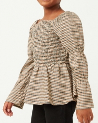 Girls' Checkered Elastic Sleeve Smocked Peplum Top