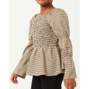 Girls' Checkered Elastic Sleeve Smocked Peplum Top