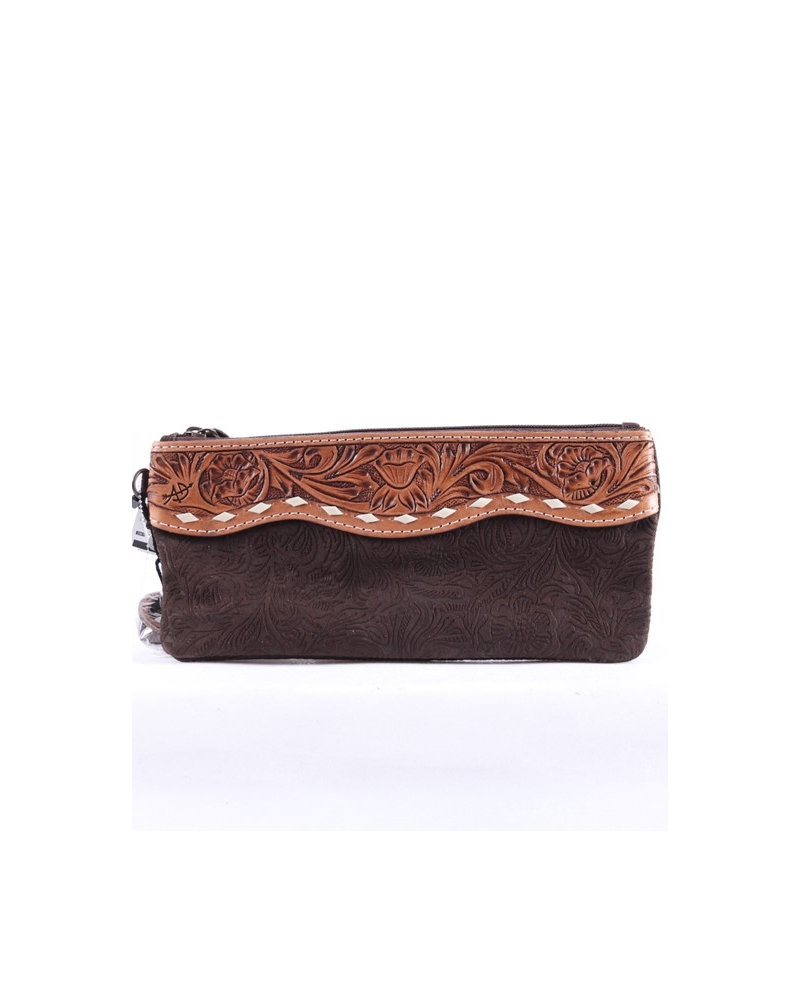 American Darling Ladies Black Tan Tooled Wristlet
