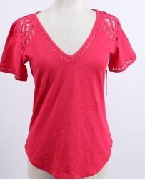 Wrangler Retro® Ladies' Red Crochet Trim V-Neck Tee
