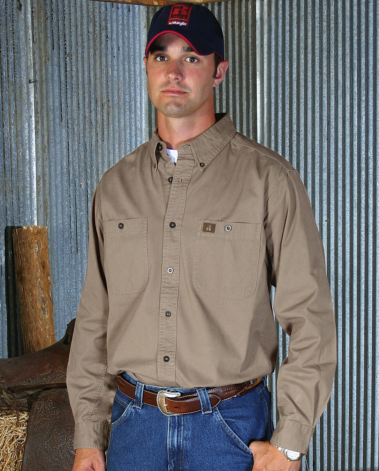 Khaki Wrangler Riggs Workwear Mens FR Flame Resistant Long Sleeve Two Pocket Work Shirt XX-Large