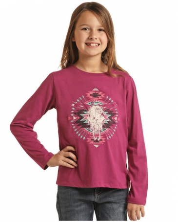 Rock and Roll Cowgirl® Girls' Aztec Skull LS Tee