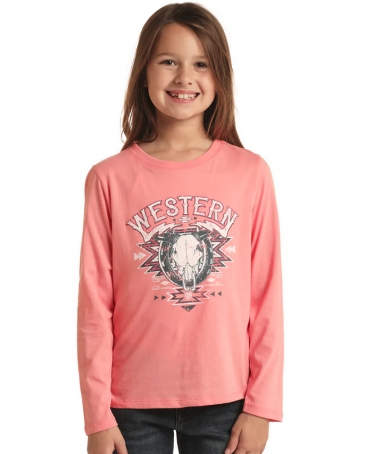 Rock and Roll Cowgirl® Girls' Western Skull LS Tee