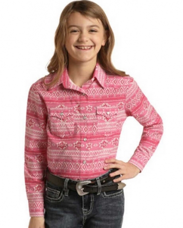 Rock and Roll Cowgirl® Girls' Pink Printed LS Snap Shirt