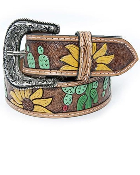 NEW AMERICAN DARLING women\'s beautifully hand tooled genuine belt in sunflower b Affilare Western Genuine Leather Tooled Belt with Hand  main image 4