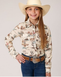 Roper® Girls' Retro Rodeo Print Long Sleeve Snap Shirt