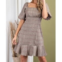 Ladies' Plaid Puff Sleeve Dress