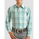 Panhandle® Boys' LS Snap Plaid Shirt Turquoise